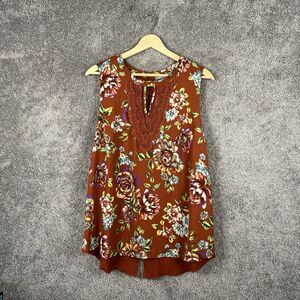 Daniel Rainn Shirt Womens Petite Large PL Sleeveless Brown Floral Keyhole Top